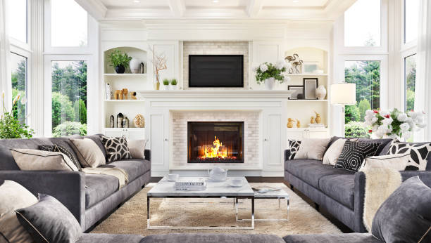 Beautiful living room with fireplace in luxury home with home renovations lee county TX