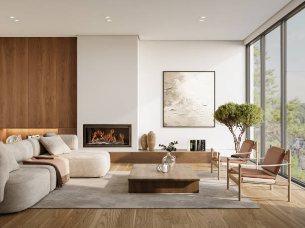 Minimalist living room interior with modern fireplace and white walls built by the best home repair Buda TX